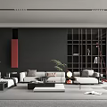 Modern Living Room Interior Design With Black Walls Red Accent Sofa And Green Plant