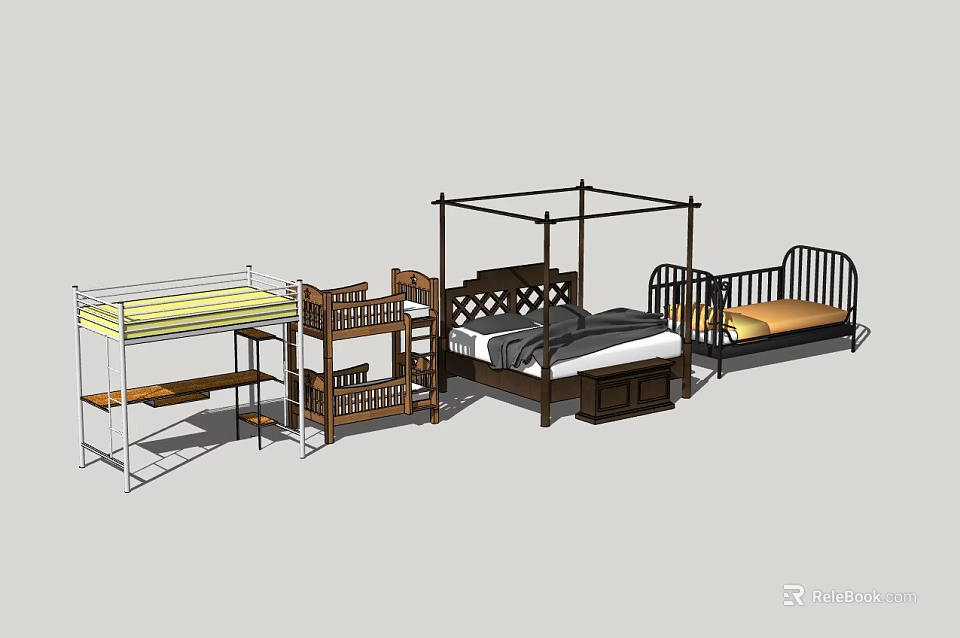 Stylish Double Bed Design with Bunk Bed Kids Bed and Wooden Metal Frame 3d model 
