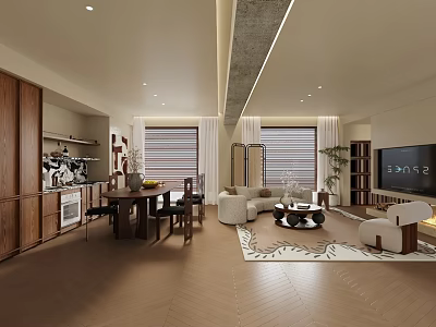 Modern Dining and Living Room Interior With Wooden Furniture Sofa TV Windows And Area Rug 3d model