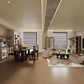 Modern Dining and Living Room Interior With Wooden Furniture Sofa TV Windows And Area Rug
