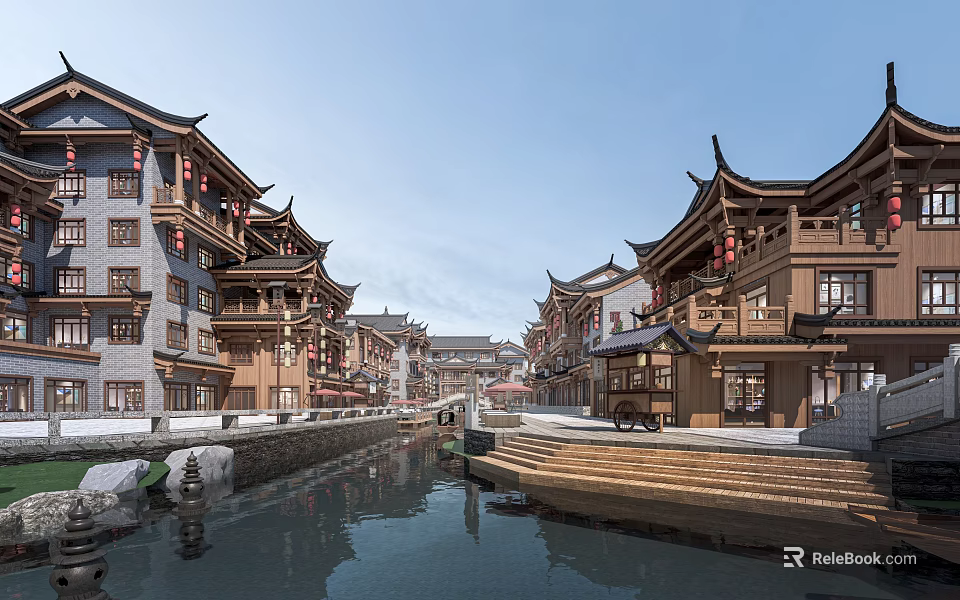 Traditional Ancient Architecture Along River With Curved Eaves Wooden Structures And Red Lanterns 3d model 