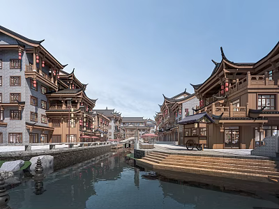 Traditional Ancient Architecture Along River With Curved Eaves Wooden Structures And Red Lanterns 3d model