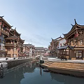 Traditional Ancient Architecture Along River With Curved Eaves Wooden Structures And Red Lanterns