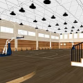 Modern Spacious Basketball Gymnasium With Wooden Floor Basketball Hoops High Ceiling Lights Skylights And Staircase