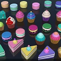 Colorful Cartoon 3D Dessert Collection With Macarons Cupcakes And Cake Slices