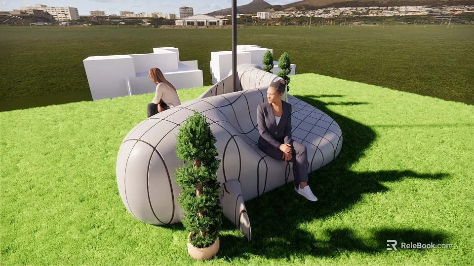 Airplane Shaped Public Chair On Green Lawn With People Sitting And Potted Plants 3d model 