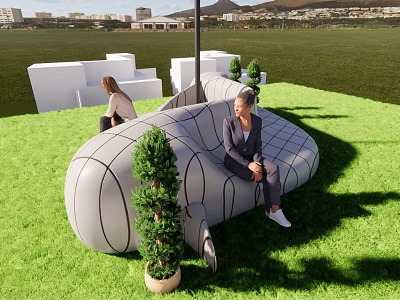 Airplane Shaped Public Chair On Green Lawn With People Sitting And Potted Plants 3d model