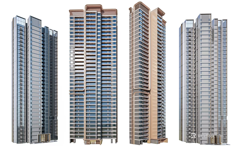 Modern High Rise Residential Buildings With Glass Facades And Diverse Architectural Styles 3d model 