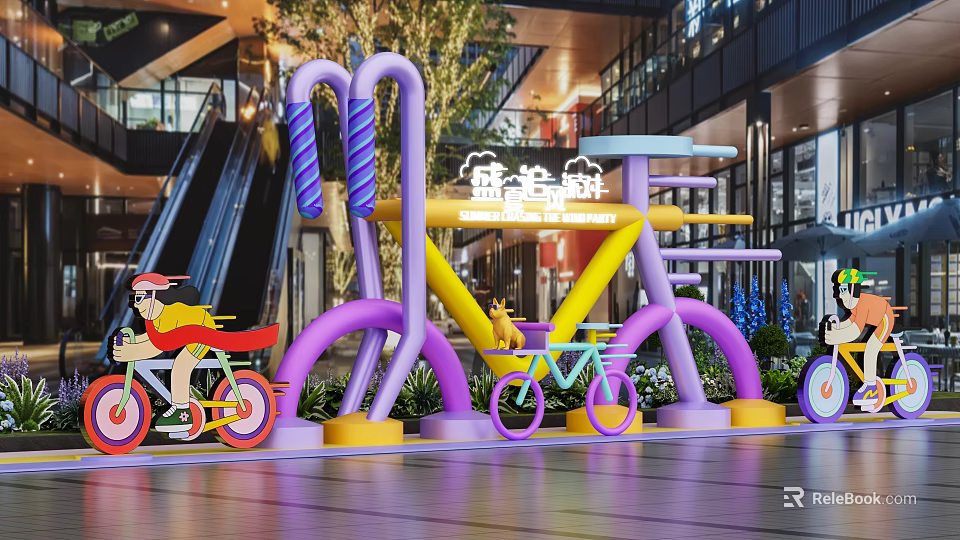 Colorful Bicycle Art Installation Photo Spot In Modern Mall With Vibrant Colors And Green Plants 3d model 