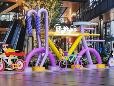 Colorful Bicycle Art Installation Photo Spot In Modern Mall With Vibrant Colors And Green Plants 3d model