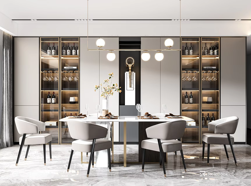 Elegant Modern Dining Table Set With Chairs Wine Cabinets And Pendant Lights 3d model
