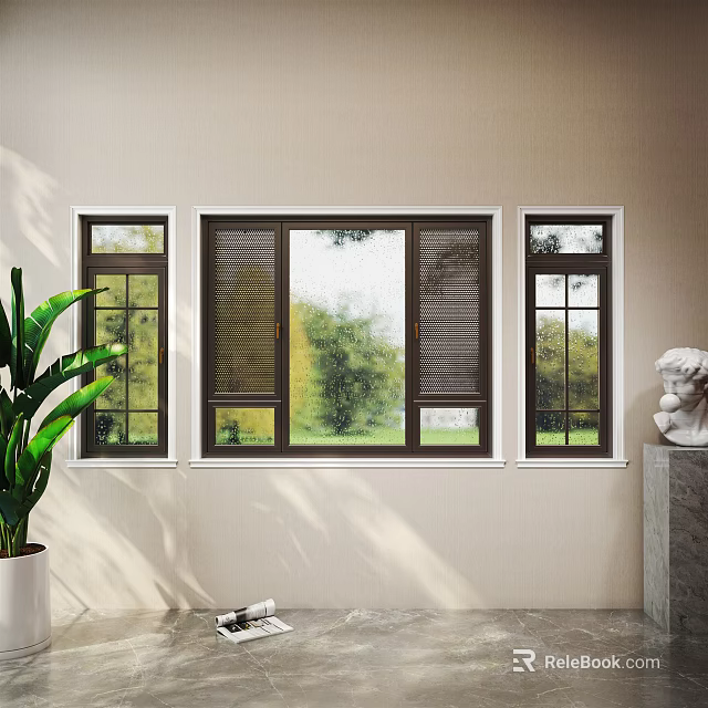 Three Dark Frame Casement Windows With Green Trees View And Green Plant White Sculpture Indoors 3d model 
