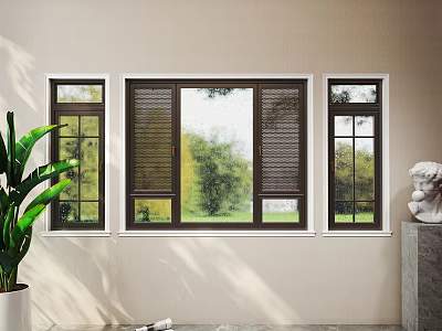 Three Dark Frame Casement Windows With Green Trees View And Green Plant White Sculpture Indoors 3d model