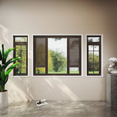 Three Dark Frame Casement Windows With Green Trees View And Green Plant White Sculpture Indoors 3d model