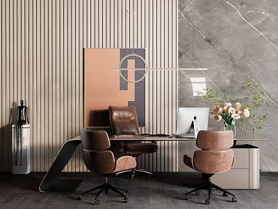 Modern Office Desk With Two Leather Chairs Computer Monitor And Flower Vase Setup 3d model