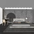 Modern Bedroom Interior Design With Gray Wall Round Mirror Bed Desk Pendant Light And Rug