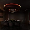 Hotel Guest Room Interior With Round Dining Table Red Circular Chandelier And Dark Wood Decor