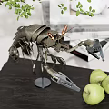 Decorative Ornament Set Metal Shrimp Shaped Sculpture With Green Apples And Metal Base