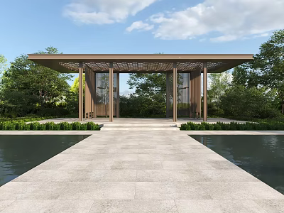Modern Courtyard Landscape with Water Feature Pergola Stone Path and Green Plants 3d model