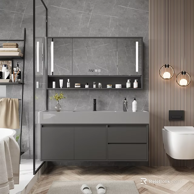 Modern Gray Bathroom Vanity Cabinet With LED Mirror And Toiletries On Storage Countertop 3d model 