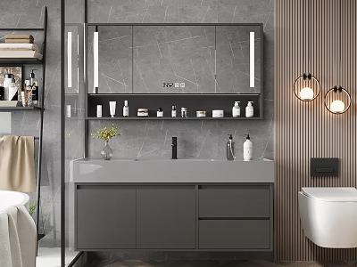 Modern Gray Bathroom Vanity Cabinet With LED Mirror And Toiletries On Storage Countertop 3d model