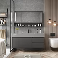 Modern Gray Bathroom Vanity Cabinet With LED Mirror And Toiletries On Storage Countertop