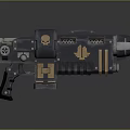 Futuristic Heavy Weapon Design With Black Body Gold Accents Skull Emblem And Eagle Insignia