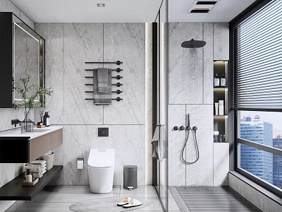 Modern Bathroom Interior With Marble Walls Toilet Vanity Shower And City View Window 3d model