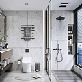 Modern Bathroom Interior With Marble Walls Toilet Vanity Shower And City View Window