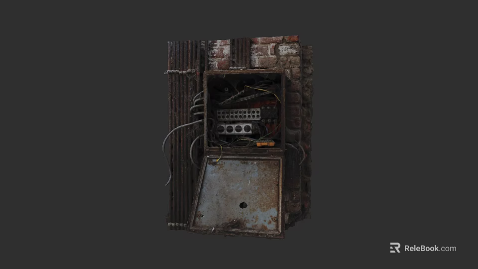 Rusty Old Metal Control Box With Internal Wiring Against Brick Wall 3d model 