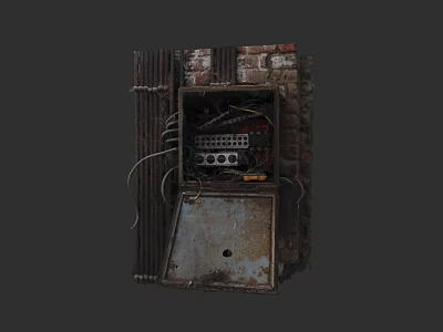 Rusty Old Metal Control Box With Internal Wiring Against Brick Wall 3d model