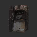 Rusty Old Metal Control Box With Internal Wiring Against Brick Wall