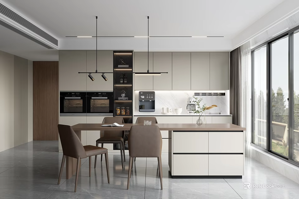 Modern Open Dining Area With Table Chairs Pendant Lights And Cabinet Background 3d model