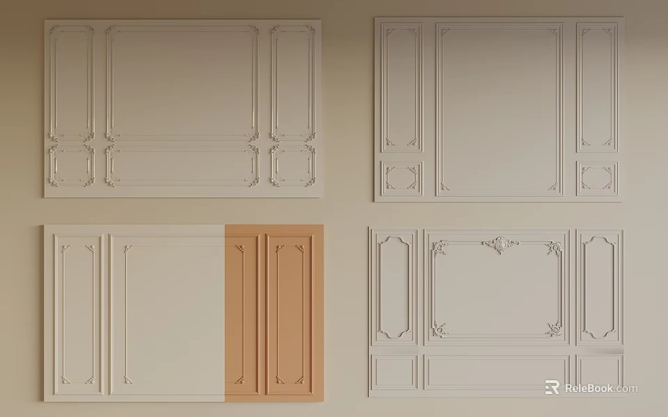 Decorative Background Wall With Various Light Colored Panel Designs And Carved Moldings 3d model
