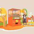 Children Playing In Trendy Play Area With Golden Egg Claw Machine And Flower Decorations