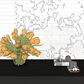 Glass Vase With Orange Yellow Tulips On Wooden Table Blinds Background And Decor Items