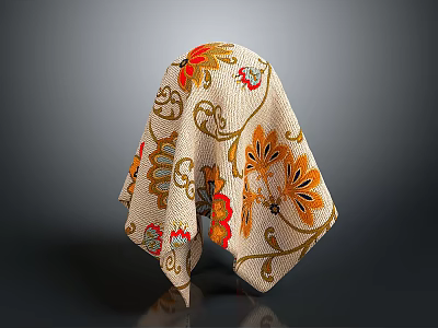 Decorative Cloth Covering Object With Floral Curly Patterns In Orange Red Beige On Dark Background 3d model