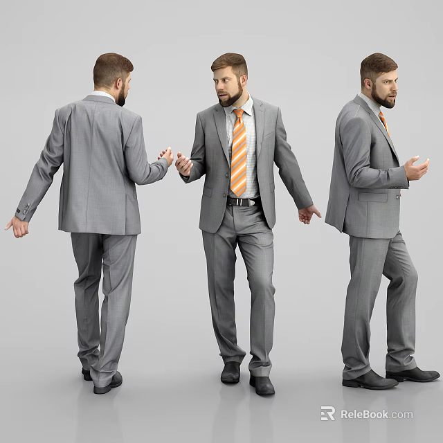 Man In Gray Suit With Orange Striped Tie From Front Back And Side 3d model 
