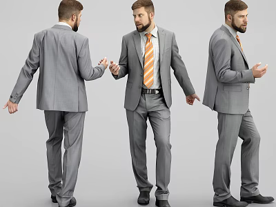Man In Gray Suit With Orange Striped Tie From Front Back And Side 3d model
