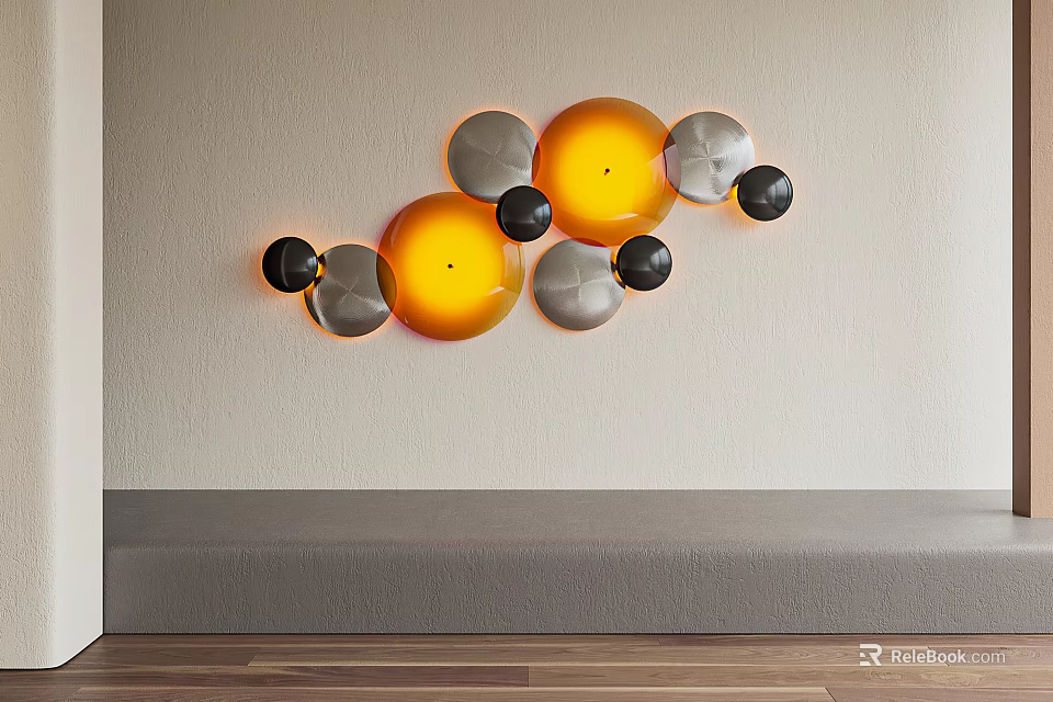 Modern Multi Circular Wall Lamp with Yellow Grey Black Elements on Beige Wall 3d model