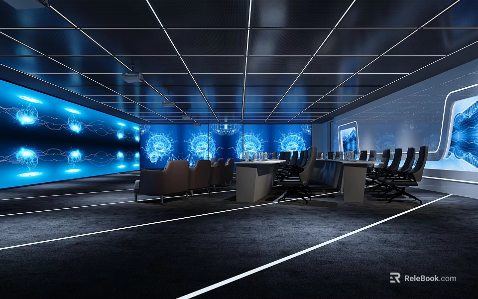 Modern Conference Room With Large Blue Tech Screens Seats And Tables 3d model 