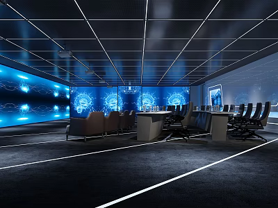 Modern Conference Room With Large Blue Tech Screens Seats And Tables 3d model