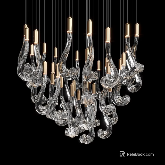 Modern Transparent Glass Chandelier With Curved Shapes And Golden Metal Accents 3d model 