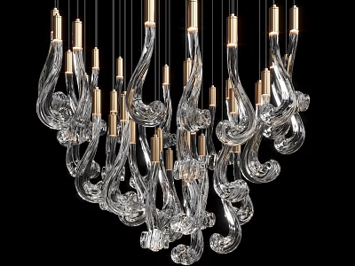 Modern Transparent Glass Chandelier With Curved Shapes And Golden Metal Accents 3d model