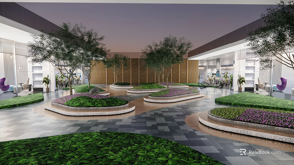 Modern Courtyard Garden Design With Circular Flower Beds Green Plants And Paved Ground 3d model 
