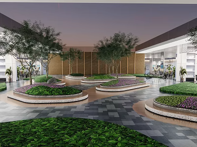 Modern Courtyard Garden Design With Circular Flower Beds Green Plants And Paved Ground 3d model