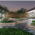 Modern Courtyard Garden Design With Circular Flower Beds Green Plants And Paved Ground