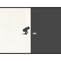 Black And White Split Background With Crouching Figure And Paper Boat