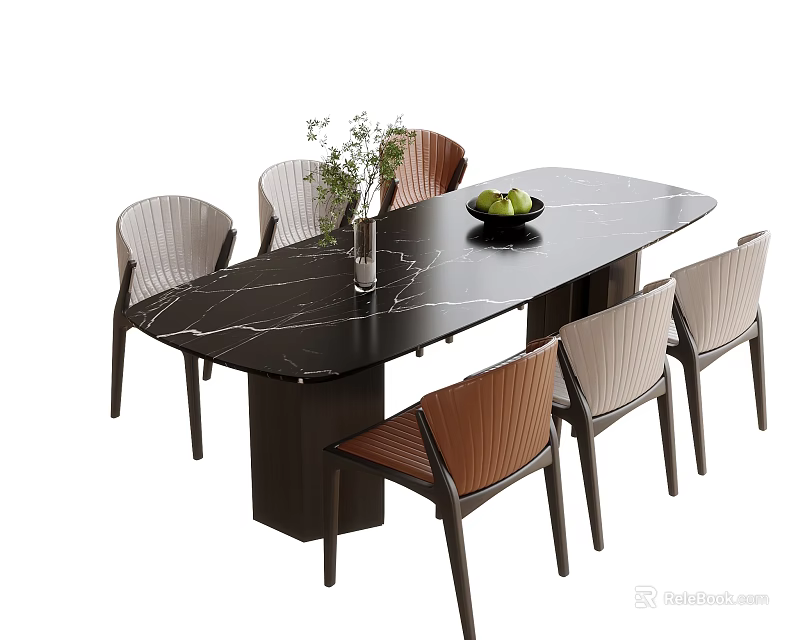 Modern Dining Table And Chairs Set Black Marble Top Brown Beige Seats Vase Fruit Bowl 3d model 