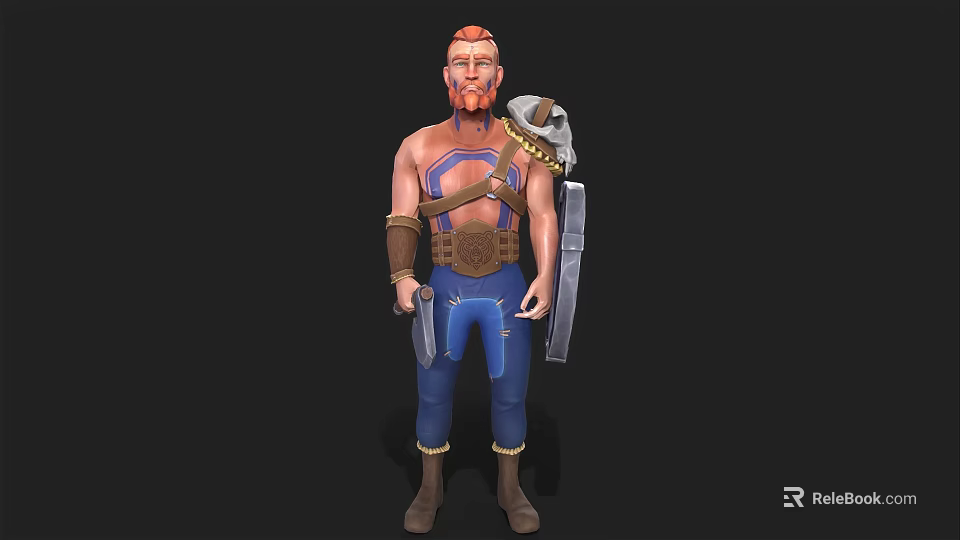 Shirtless Warrior Man With Red Hair Beard Blue Pants And Arm Guards Carrying Weapon 3d model 